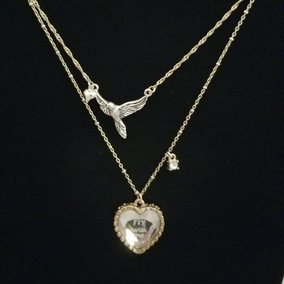 Betsey Johnson Fly With Me mirrored heart double chain necklace - Picture 2 of 5